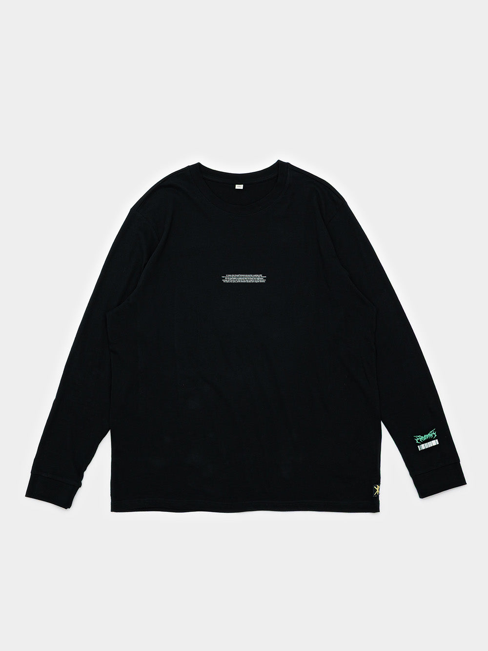 Schwarzes Chronotype Longsleeve von RVNDM – Oversized Fit mit grün-weißem Grafik-Print.