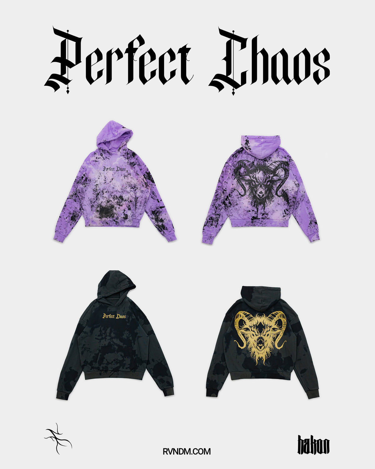 Perfect Chaos Hoodie in Lilac Clouds Optik – Handgebleichtes Unikat mit schwarzem Logo-Print.