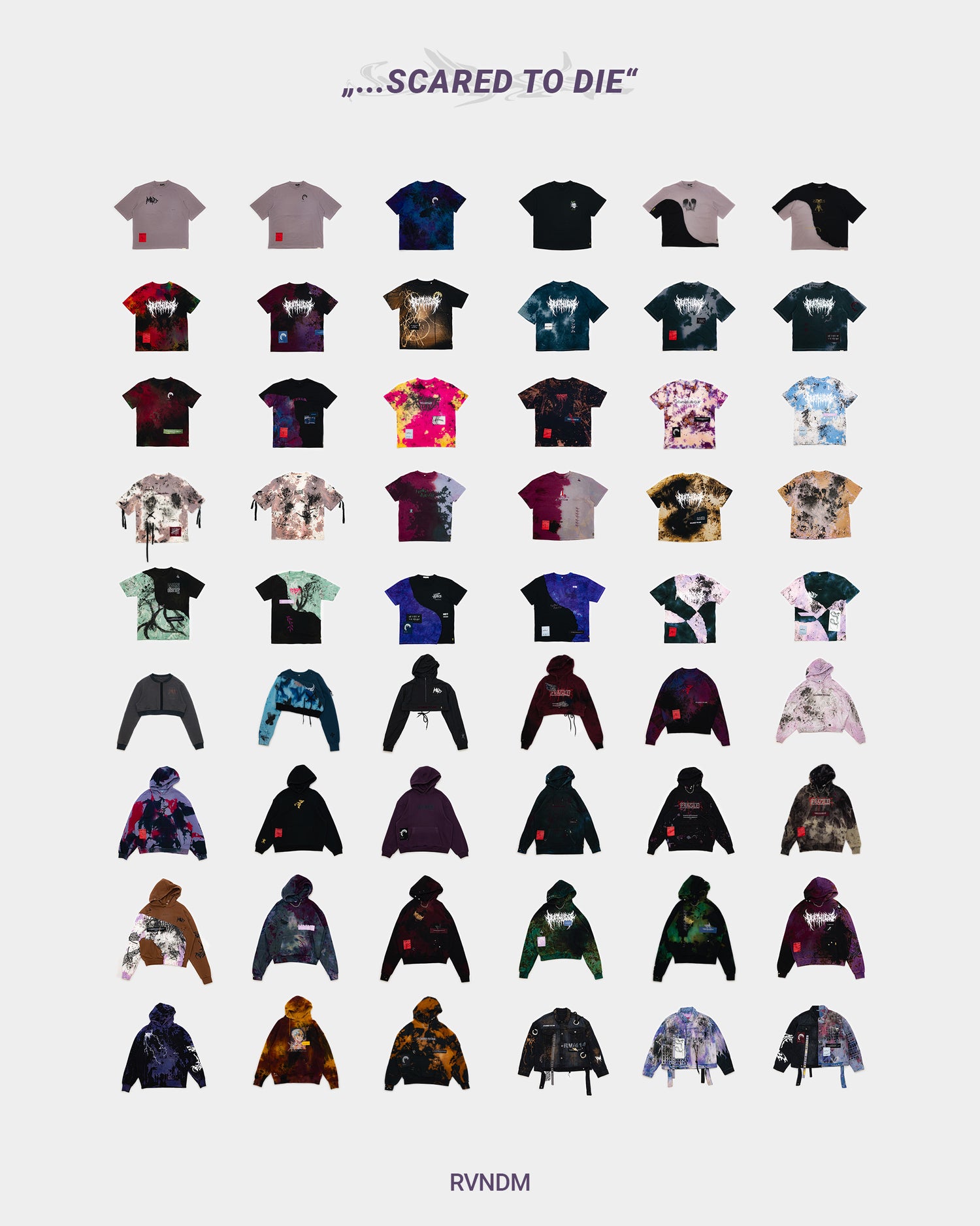 Übersicht der 54 Unikate der Scared To Die Kollektion – Einzigartige Streetwear-Artistry aus dem 414 Studio.