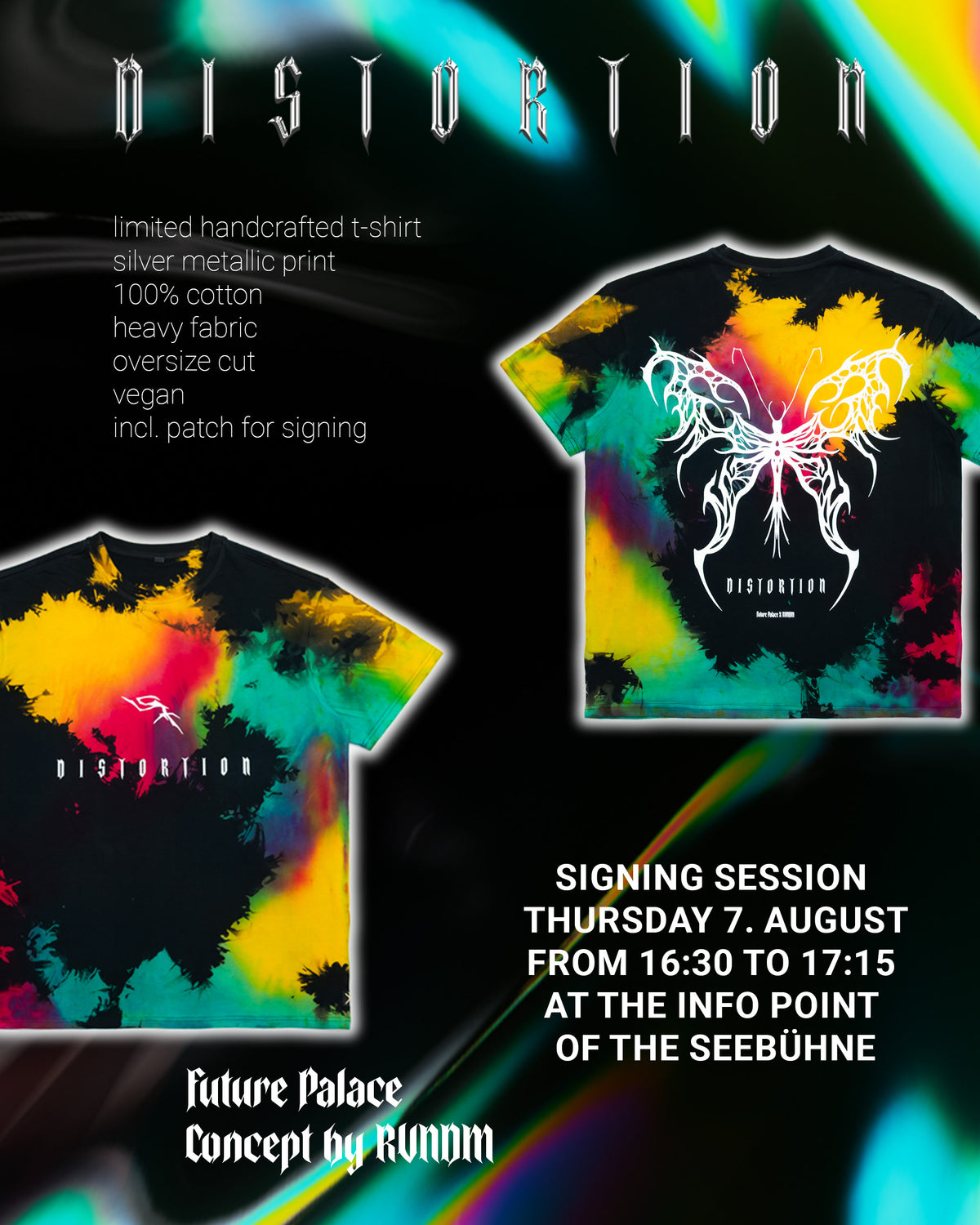 RVNDM x Future Palace Shirt – Distortion-Farbwelt mit metallisch-silbernem Schriftzug und individueller Bleichoptik.