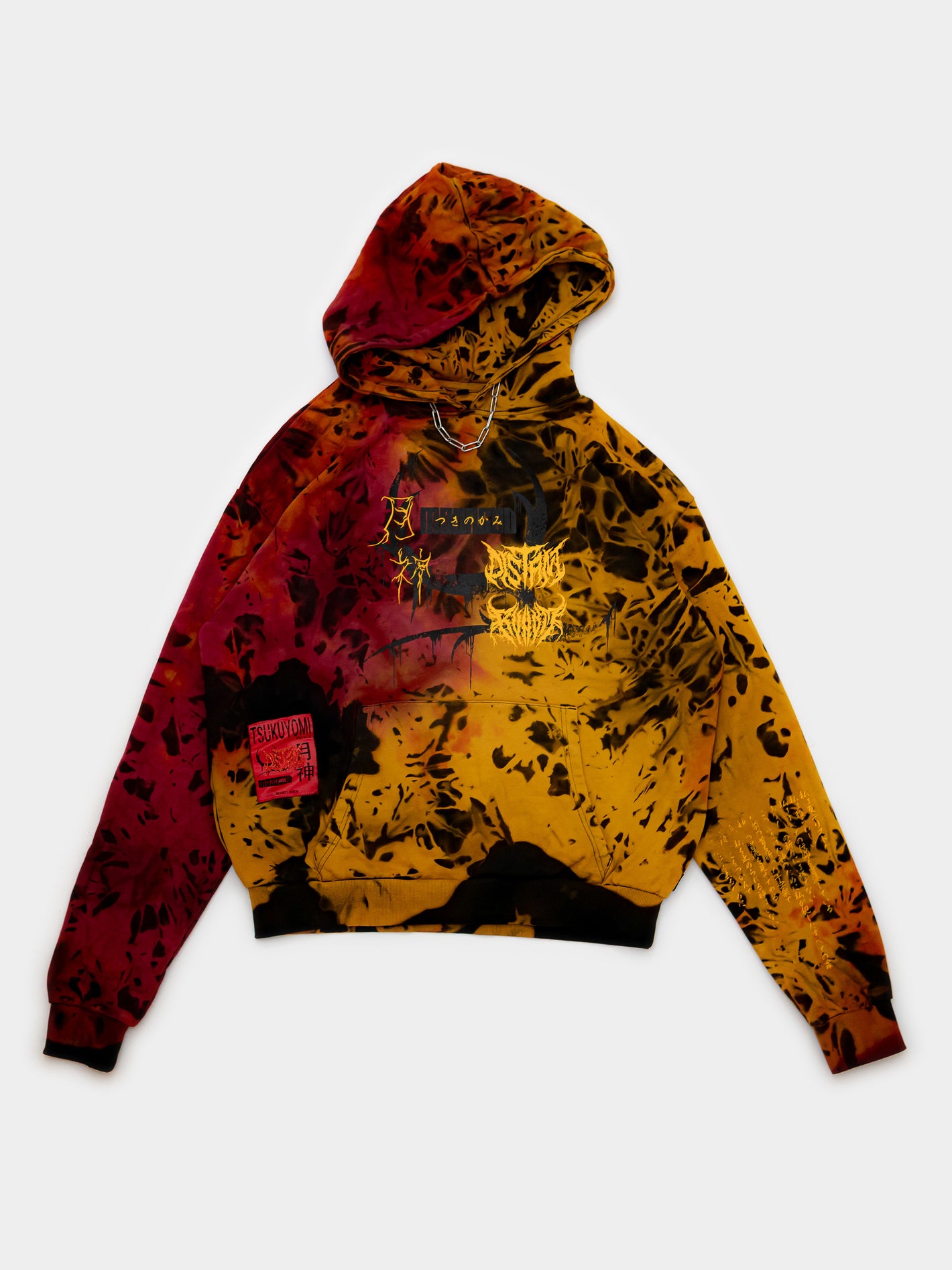 RVNDM x Distant Moongod Hoodie – Senkrecht geteilte Gelb-Rot-Färbung inspiriert vom Tsukuyomi Album.